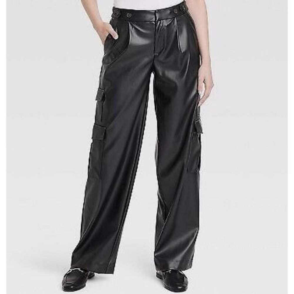 A New Day Women's High-Rise Straight Faux Leather Cargo Pants Black Size 8